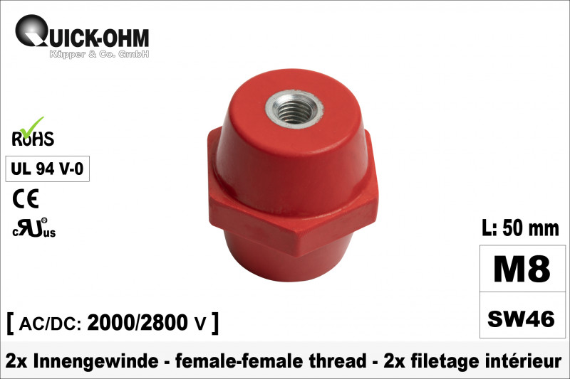 Stromschienenisolator | 50mm hoch | 2 x Innengewinde M8