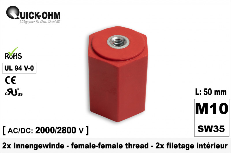 Stromschienenisolator | 50mm hoch | 2 x Innengewinde M10