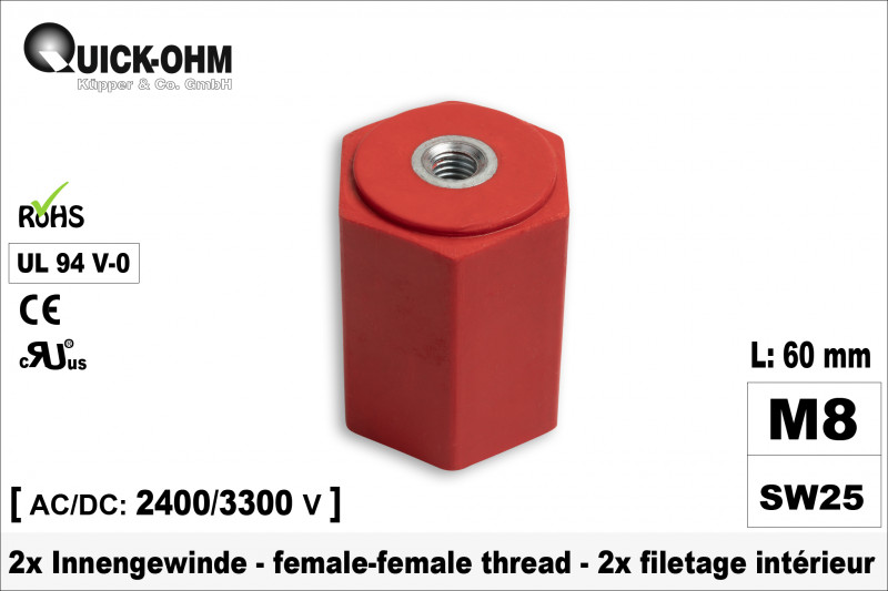 Stromschienenisolator | 60mm hoch | 2 x Innengewinde M8