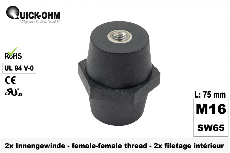 Stromschienenisolator PA6.6 | 75mm hoch | 2 x Innengewinde M16