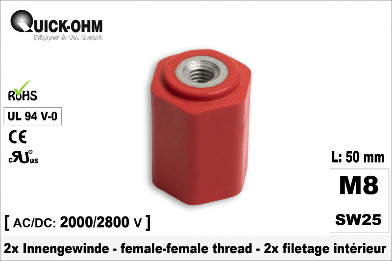 Stromschienenisolator | 50mm hoch | 2 x Innengewinde M8