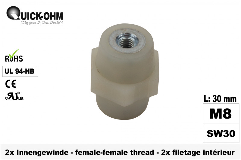Stromschienenisolator PA6.6 | 30mm hoch | 2 x Innengewinde M8