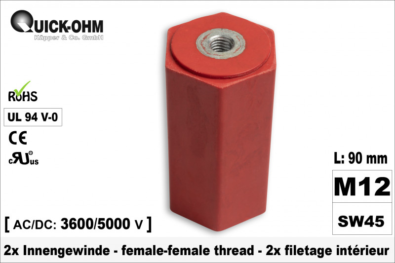 Stromschienenisolator | 90mm hoch | 2 x Innengewinde M12