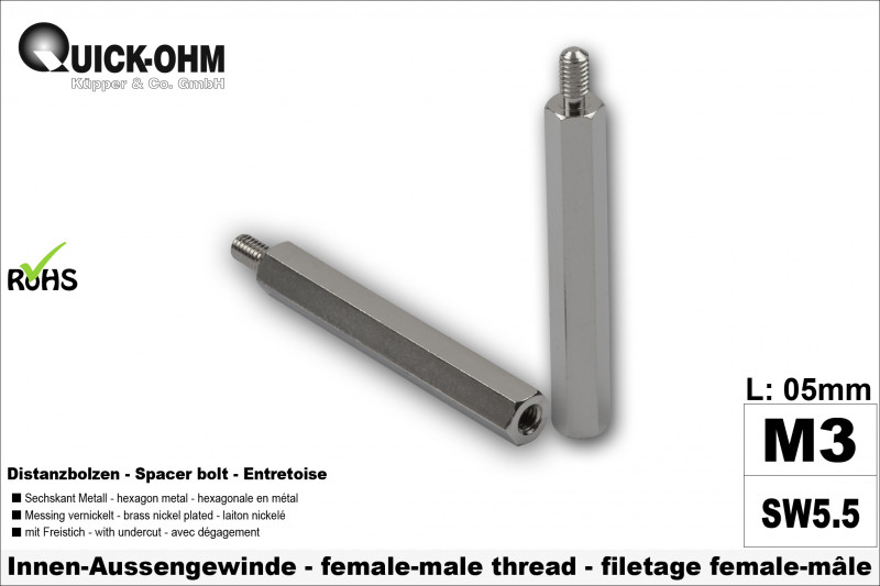 Sechskantbolzen Messing vernickelt-Länge 05mm