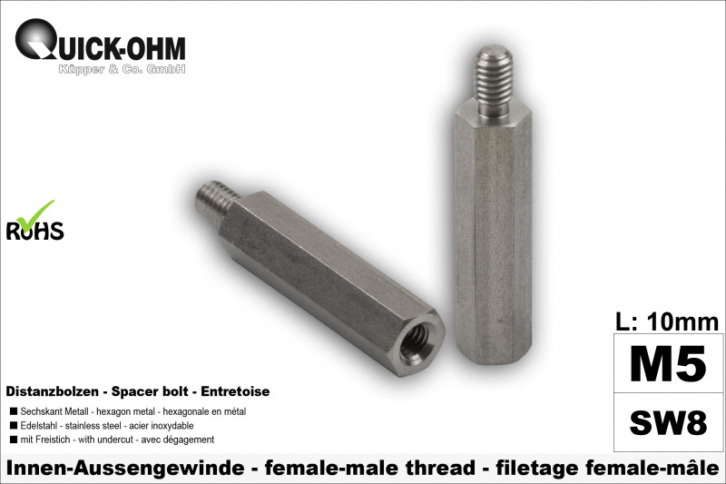 Abstandsbolzen | M5 IG/AG | mit Freistich | Edelstahl | Länge 10mm | SW8