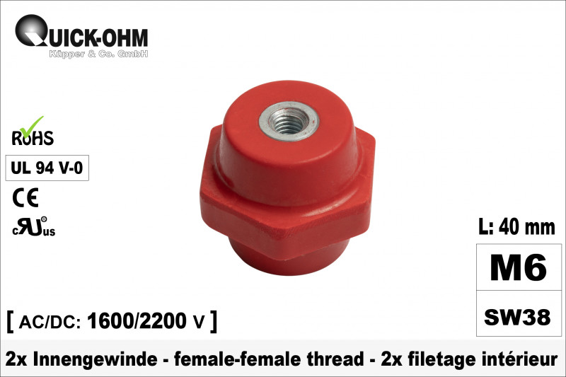 Stromschienenisolator | 40mm hoch | 2 x Innengewinde M6