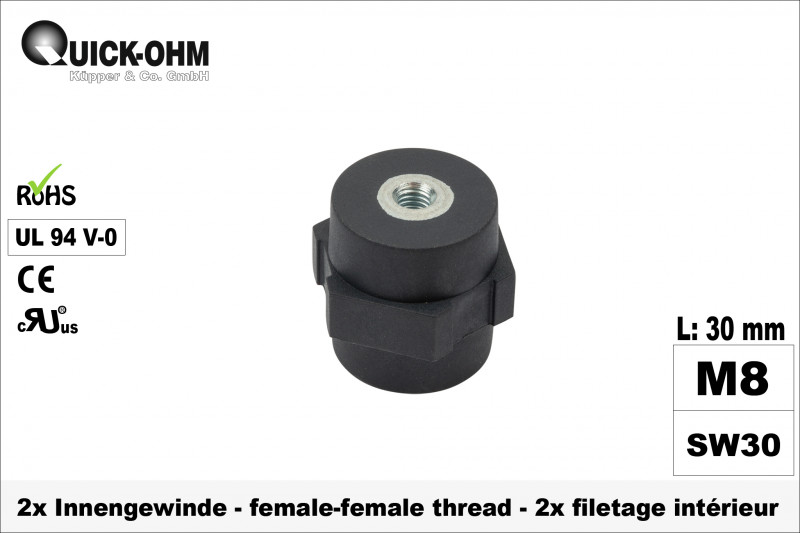 Stromschienenisolator PA6.6 | 30mm hoch | 2 x Innengewinde M8