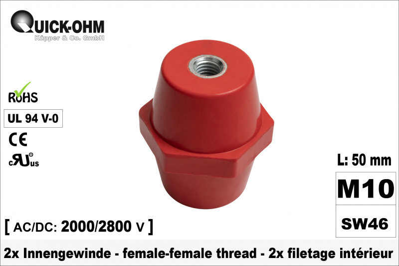 Stromschienenisolator | 50mm hoch | 2 x Innengewinde M10