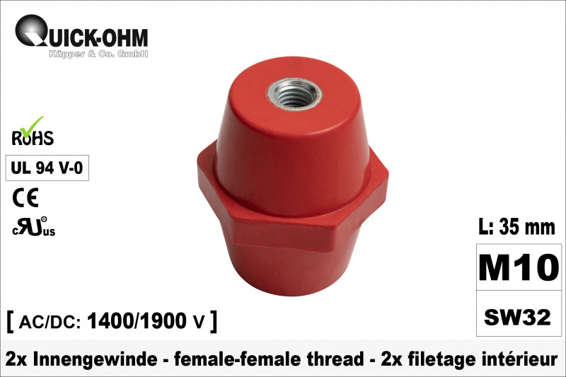 Stromschienenisolator | 35mm hoch | 2 x Innengewinde M10
